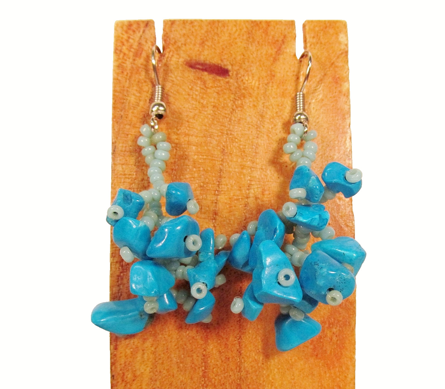 1 1/2″ Drop Style Turquoise Color Stone Chip Handmade Dangle Seed Bead Earrings