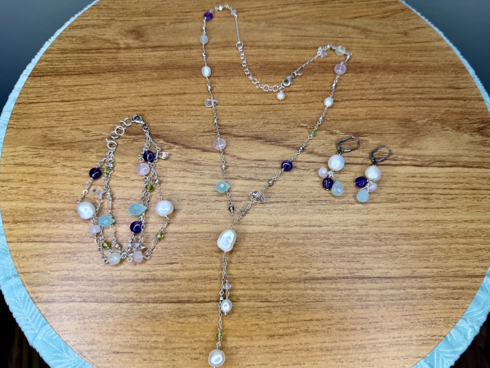 Lia Sophia Pearl Beaded Jewelry Set Necklace Bracelet Earrings Silver Tone