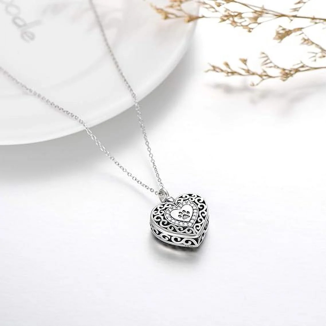 925 Sterling Silver Heart Urn Necklaces Engraved Pawprint Forever in My Heart Cr