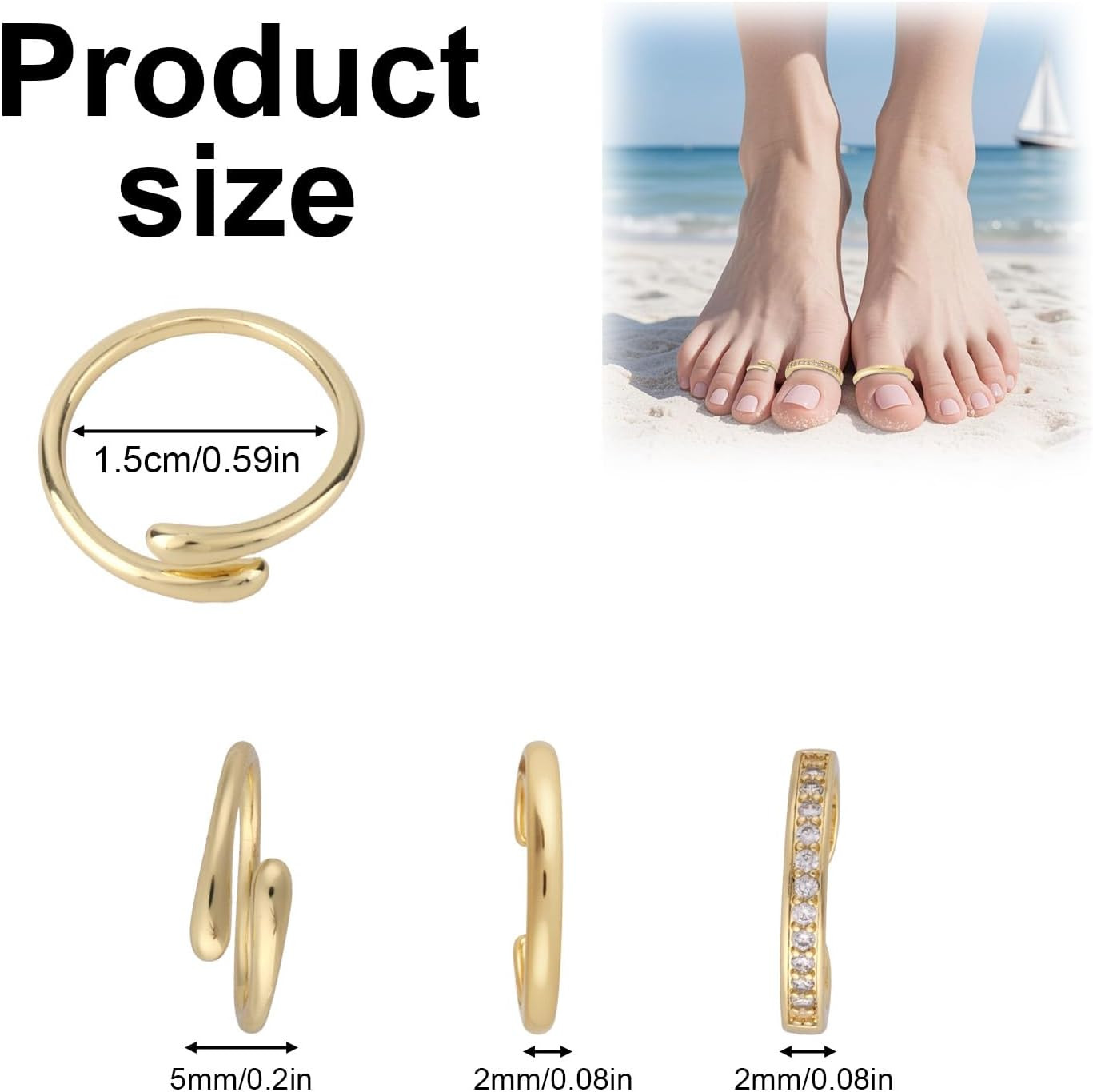 3Pcs Toe Rings for Women, 3 Styles Gold Filled Hug and CZ Open Toe Rings Adjusta