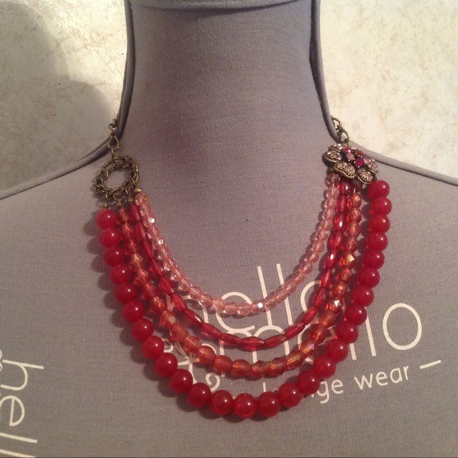Pink Tones Beads and Rhinestones Brass Tone Necklace 16″
