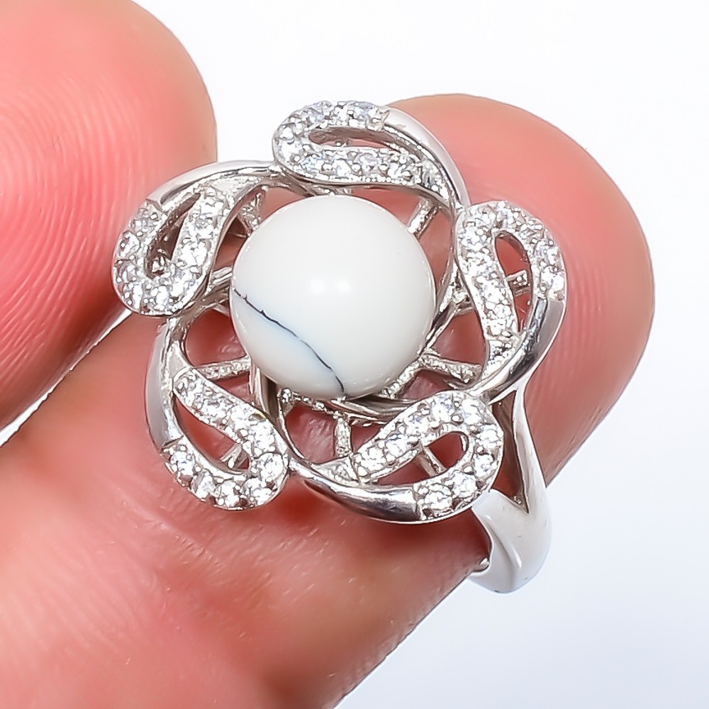Natural Howlite-Usa & White Cz White Gold Rhodium Plated Ring Adjustable (