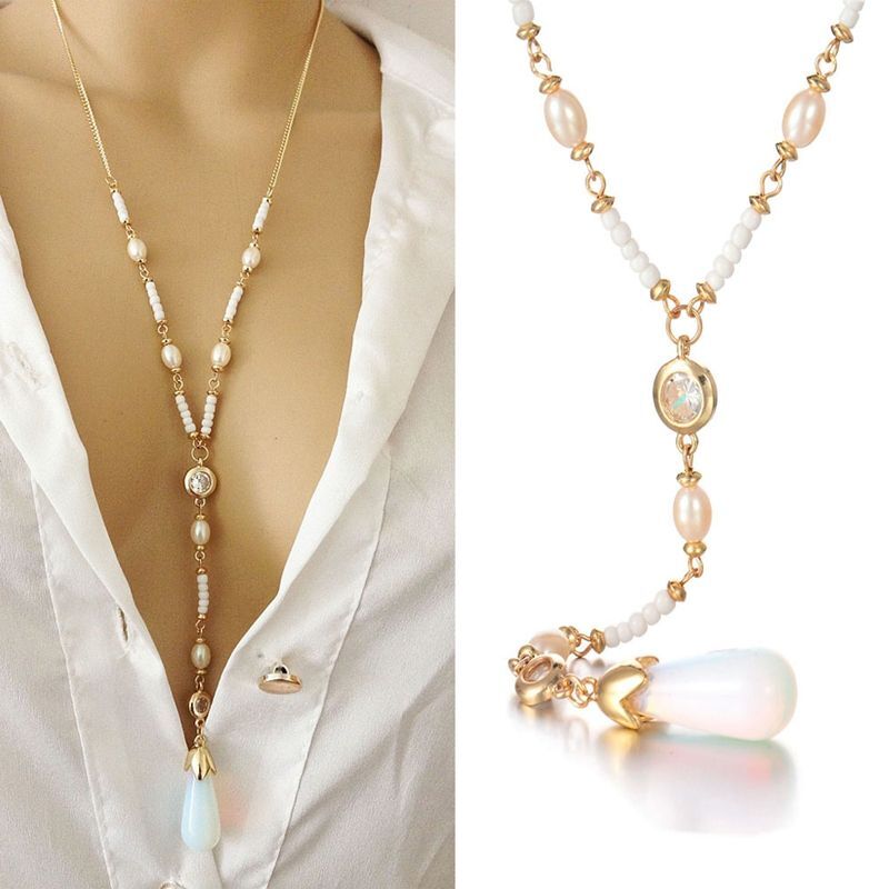 Moonstone Pearl Pendant Necklaces – Color Gold Bone Sweater Chain Women Jewelry