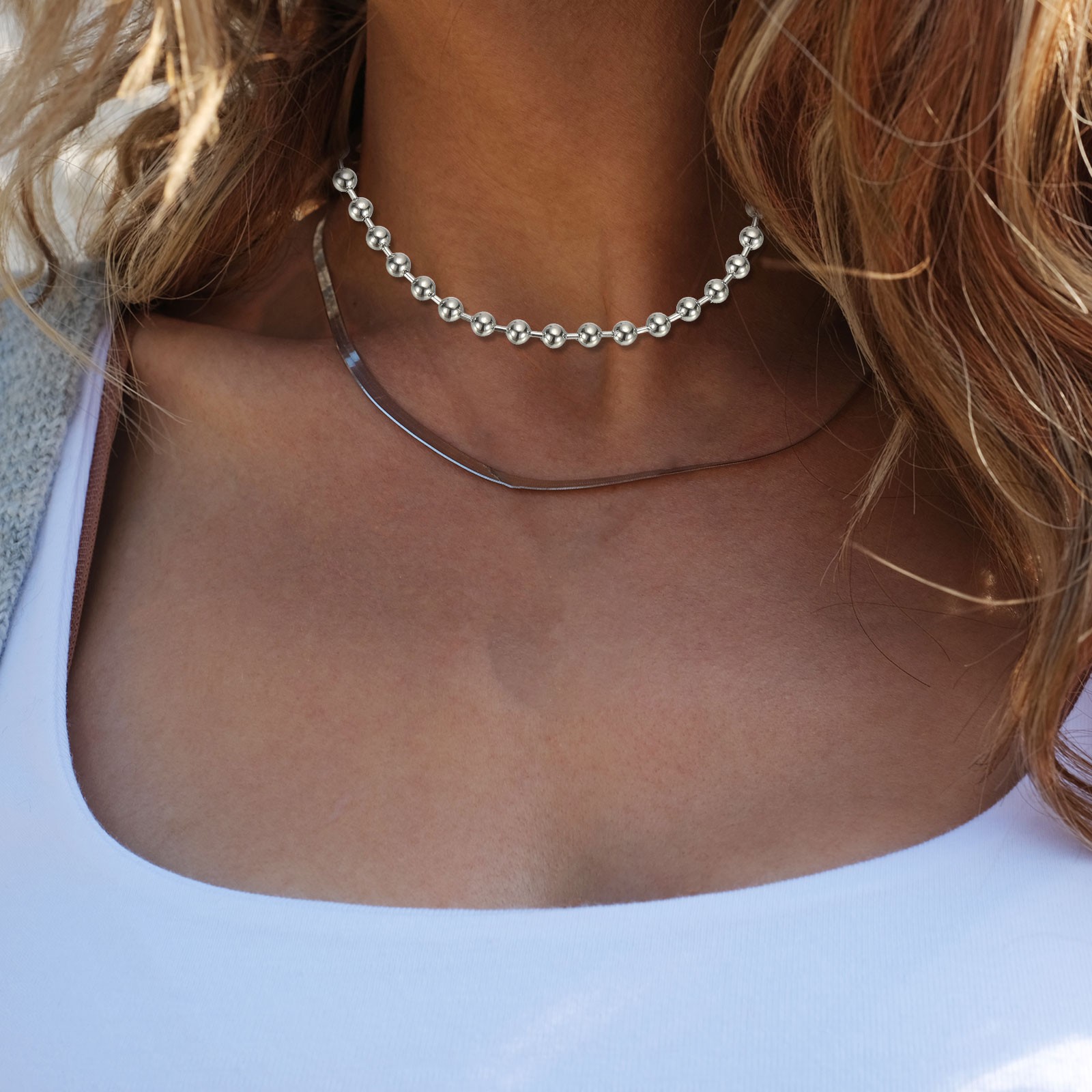 Silver-tone Beaded Chain Necklace, 8mm Bead Ball Necklace, 28 Inch Length