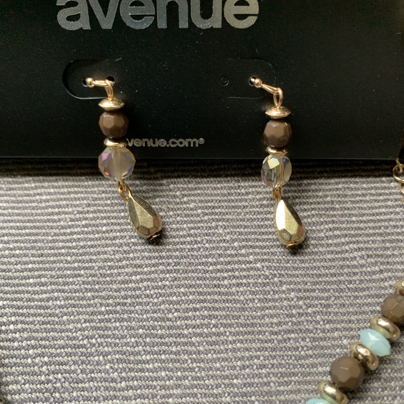 Avenue Long Beaded Necklace and Earrings Set Green/Purple/Gold Tone Tassel 39″