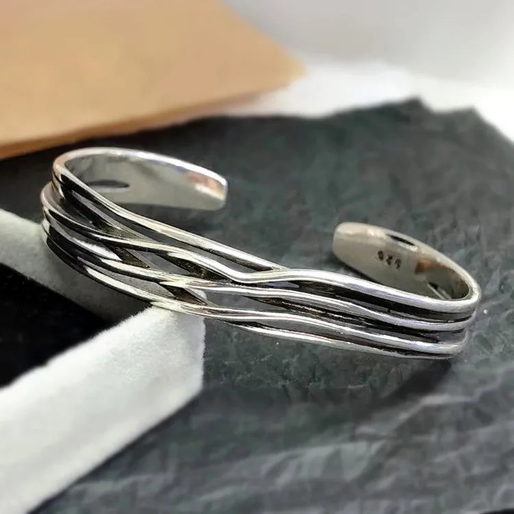 Retro Wave Bracelet 925 Sterling Silver Braided Bangle Geometric Opening Cuff