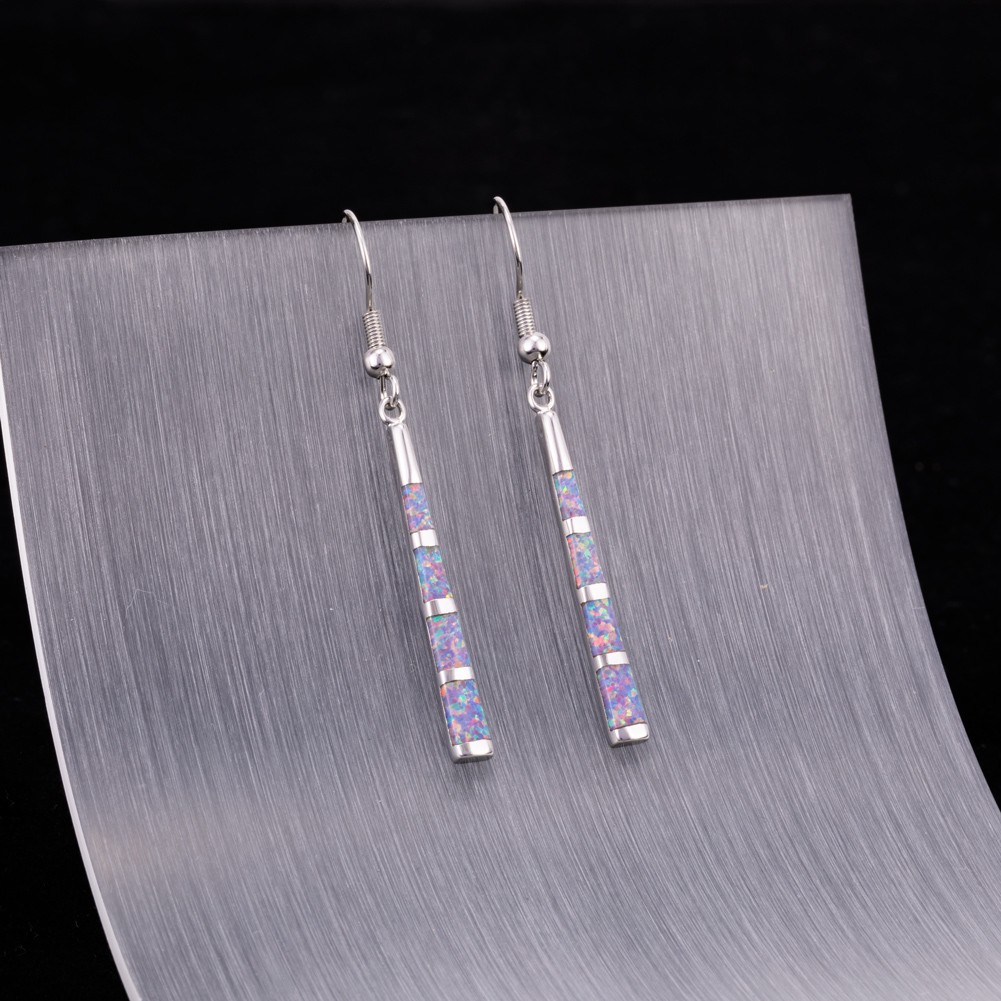 Camber Surface Stick Lavender Purple Fire Opal Silver Dangle Drop Earrings