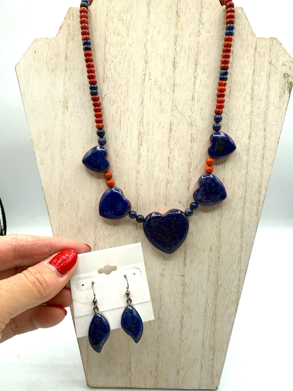 Jay King Red Coral & Lapis Lazuli Reversible Heart Necklace & EARRINGS SET!