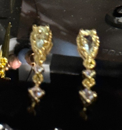 Gold Tone Teardrop Dangle Drop Earrings Clear Crystal Metal Lobe