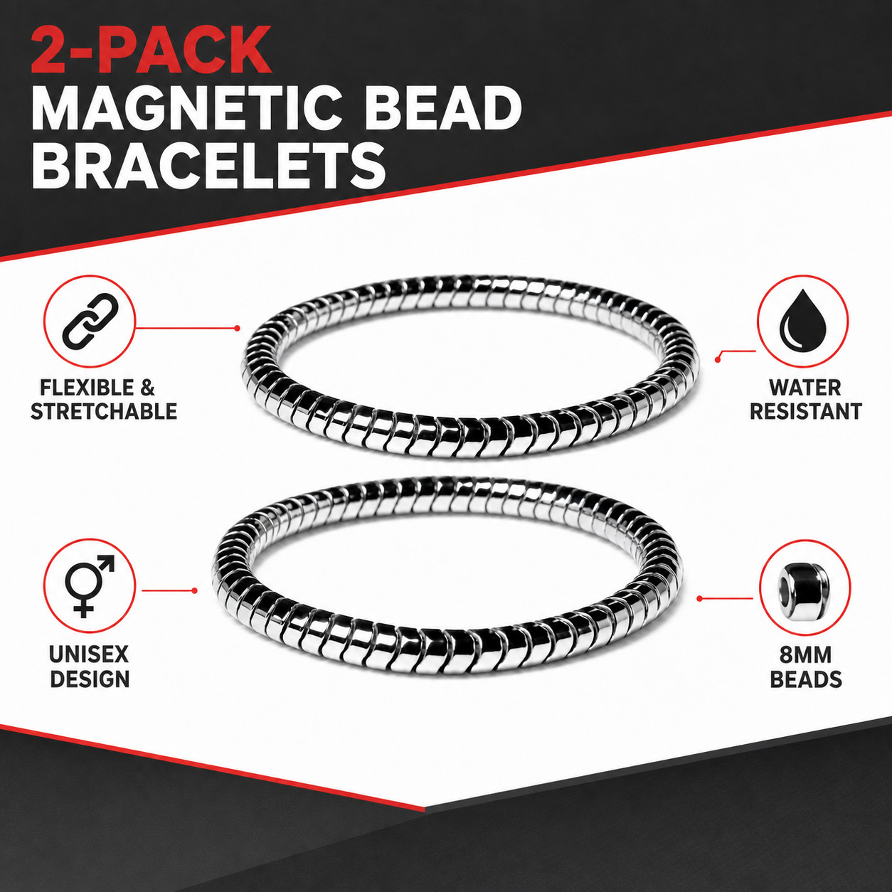 Magnetic Therapy Hematite Bracelet 8mm Beads for Men and Women 2Pack