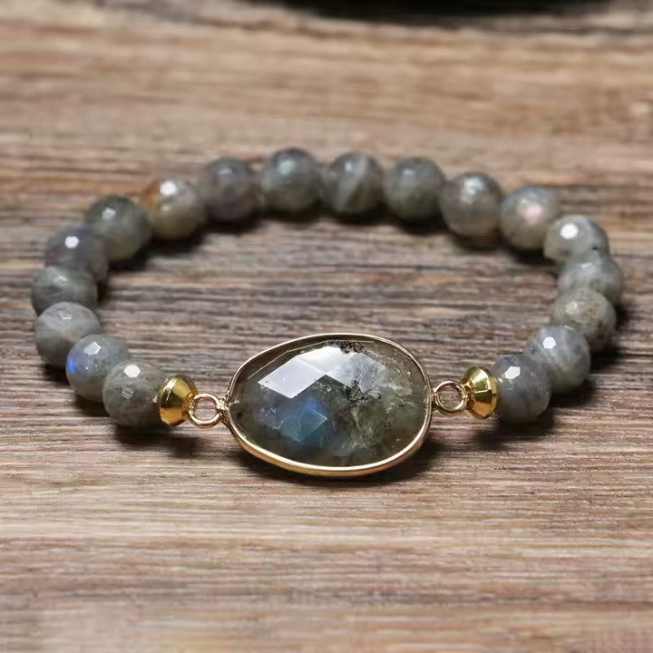 Handmade Natural Labradorite Elastic Stretch Bracelet with Labradorite Raw Stone