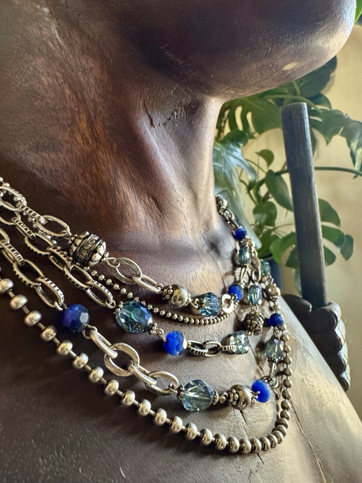 Chico’s Brand Multi-Strand Blue Crystal Beaded Silver Tone Cable Necklace