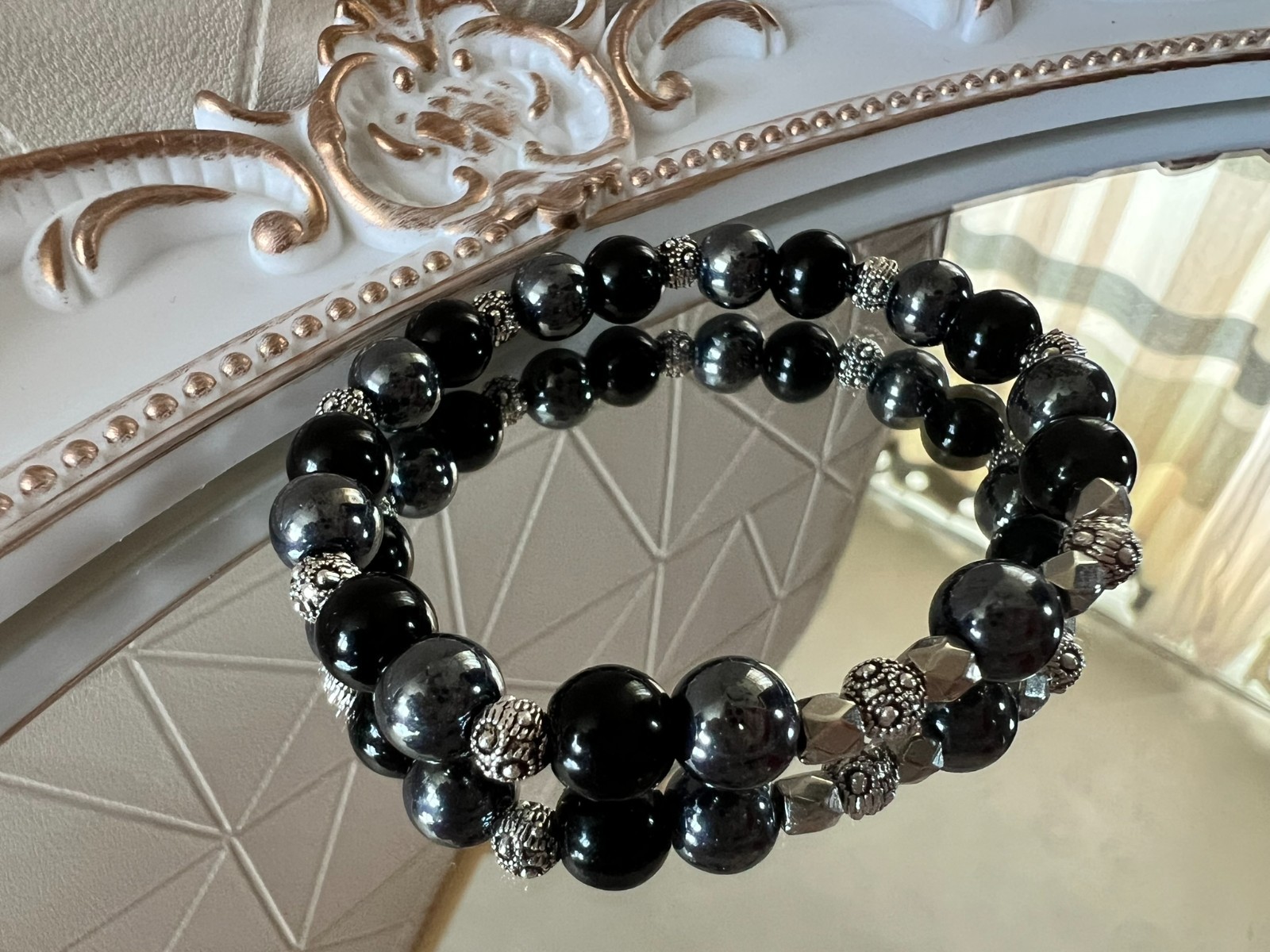 handmade elastic unique stone beads & silver accents bracelet