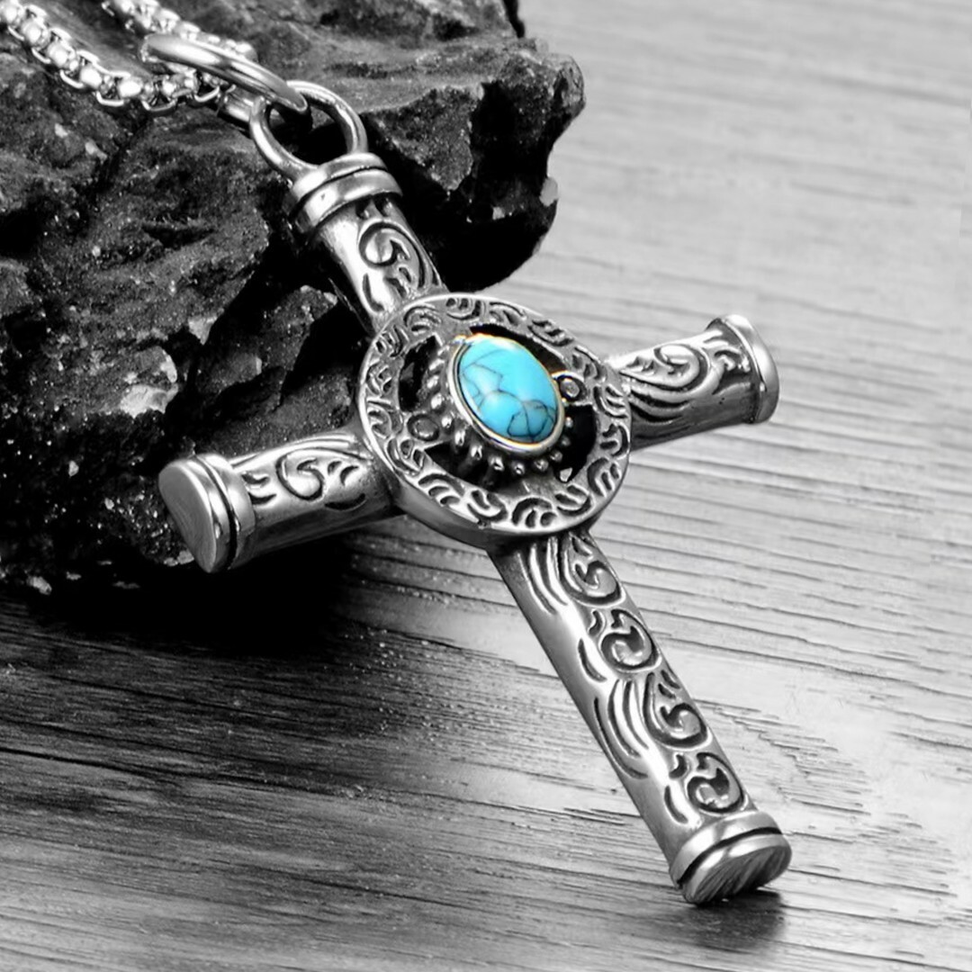 Vintage Turquoise Celtic Cross Pendant Necklace Religious Jewelry For Men Women