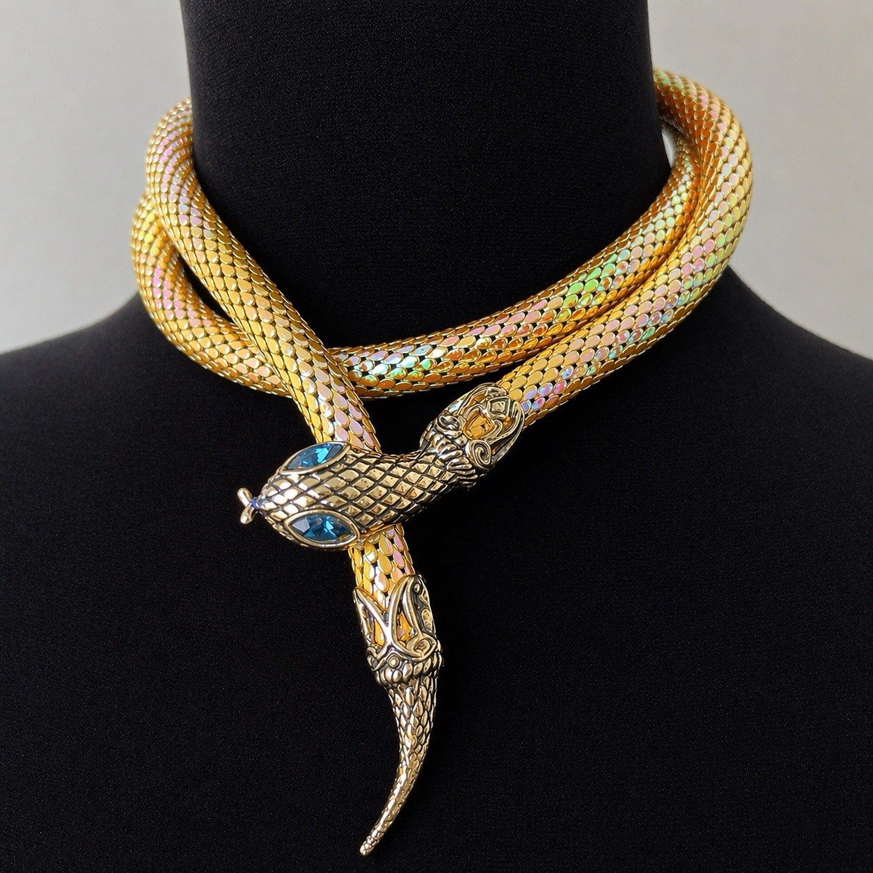 Vintage Iridescent Yellow Mesh Snake Serpent Necklace Belt Blue Crystal Eyes 38”
