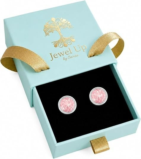 JUS 925 Sterling Silver Round Rose Quartz Stud Earrings Bezel Set Pink Gemstone