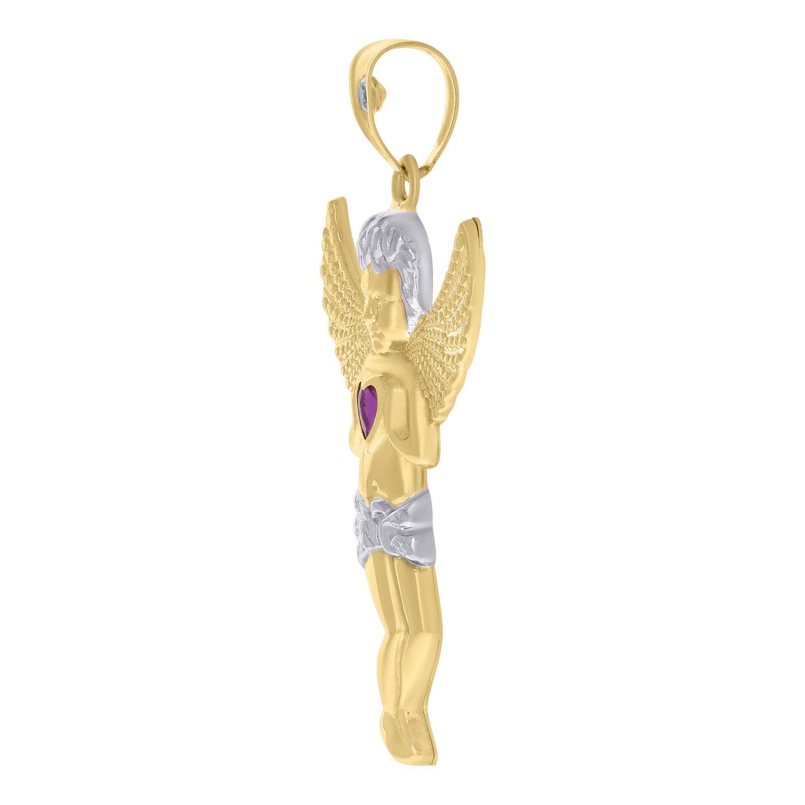 10K Two Tone Gold Red CZ Unisex 2″ Diamond Cut Charm Angel Holding Heart Pendant