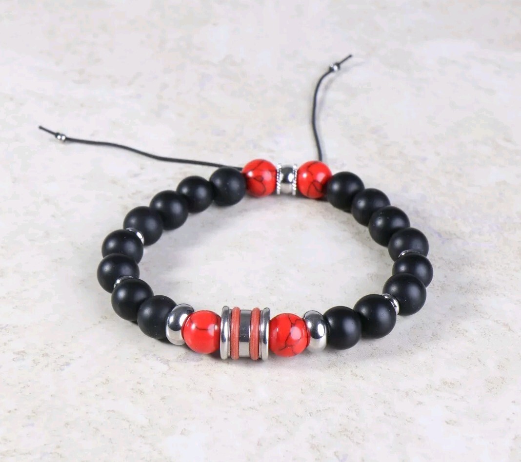Pulsera Para Hombres cuentas De Ágata Onix Turquesa Roja Y Acero Inoxidable