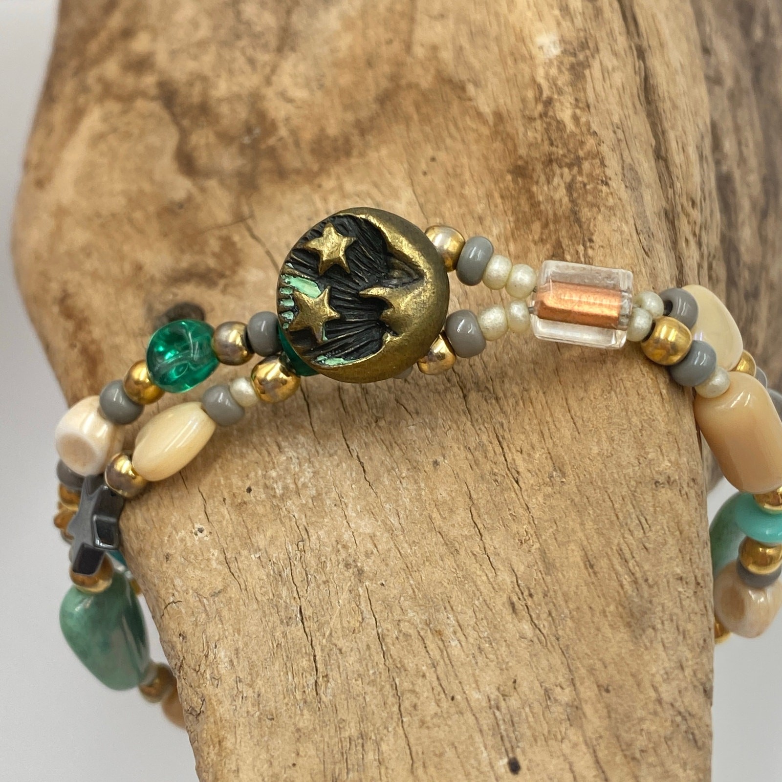 Beautiful Double Strand Bracelet, Earth Tone I Love You Half Moon Stars Bracelet