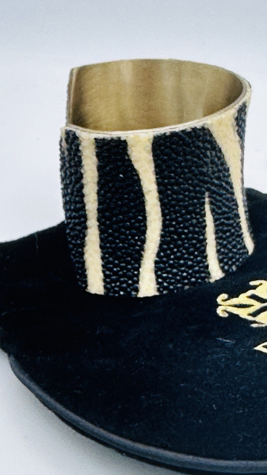 Rustic Cuff Wide Zebra Stripe Shagreen Style Cuff Black Ivory Goldtone