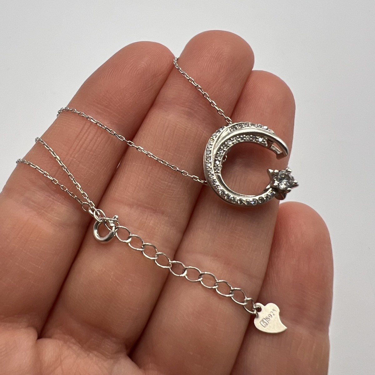 925 Sterling Silver Crescent Moon & Star Pendant Necklace with CZ Stones