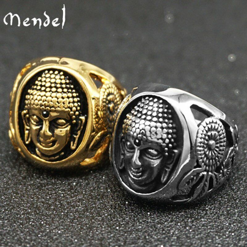 MENDEL Mens Thai Gold Plated Buddhist Buddha Ring Men Stainless Steel Size 7-15