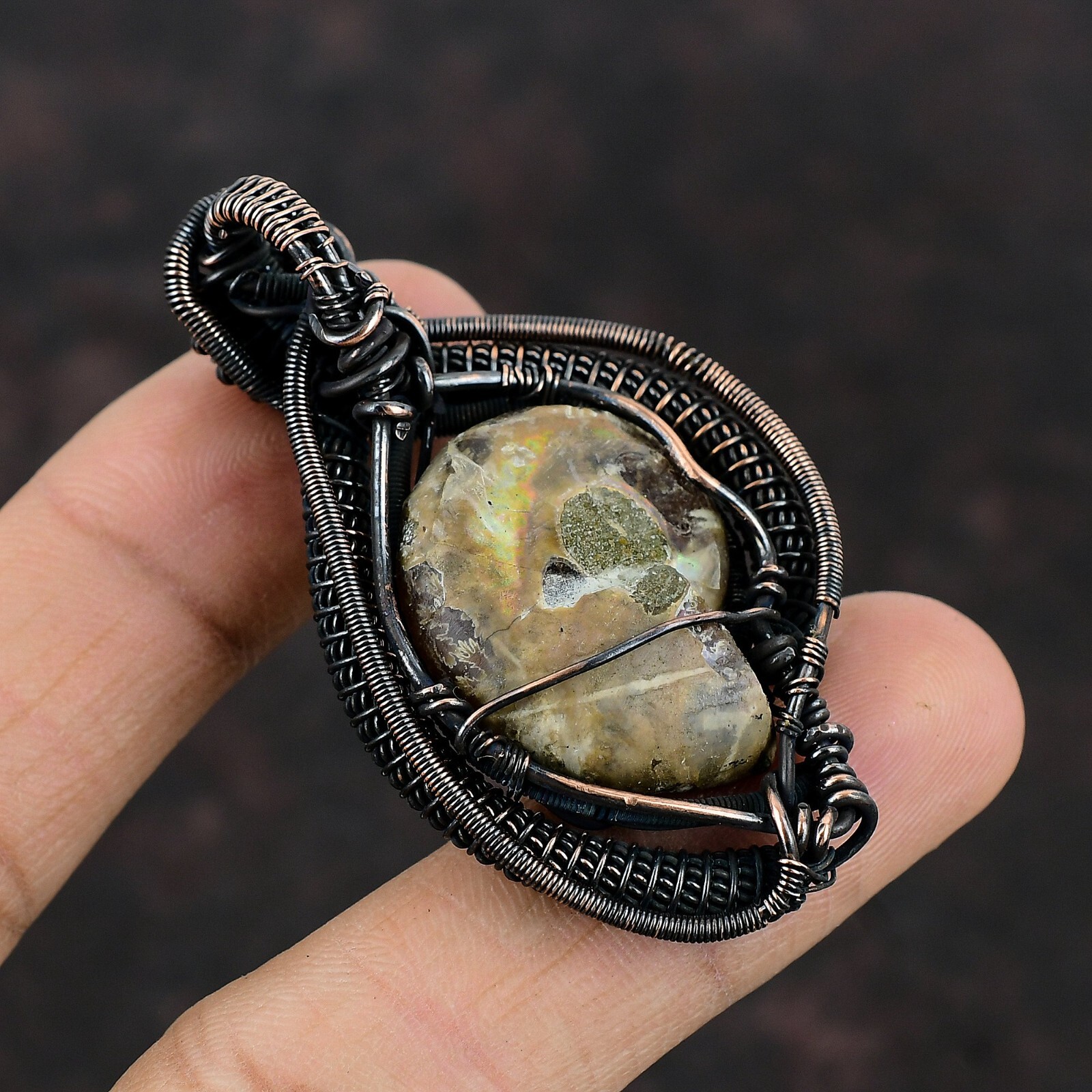 Ammonite Fossil Jewelry Copper Gift For Bridesmaid Wire Wrapped Pendant 2.36″