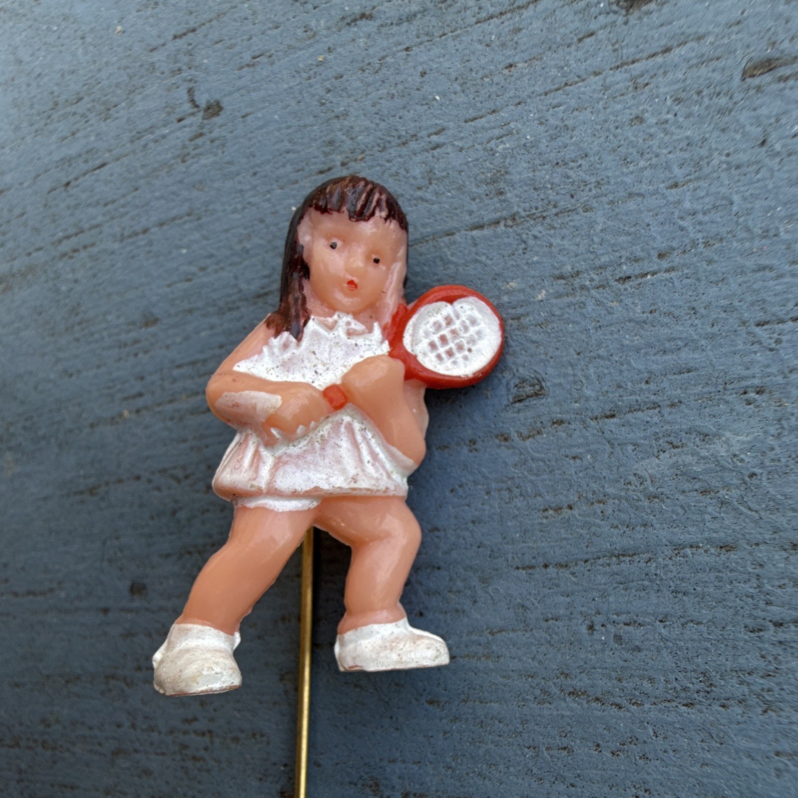 Figural Tennis Girl Stick Pin Lapel/Hat Pin Gold Tone Multicolor Plastic Metal