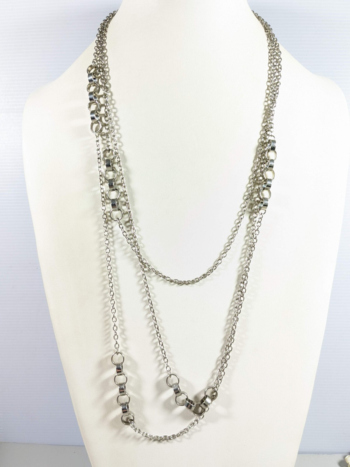 Silver Tone Open Circle Chain Accent Multi Strand Long Necklace 27 inch