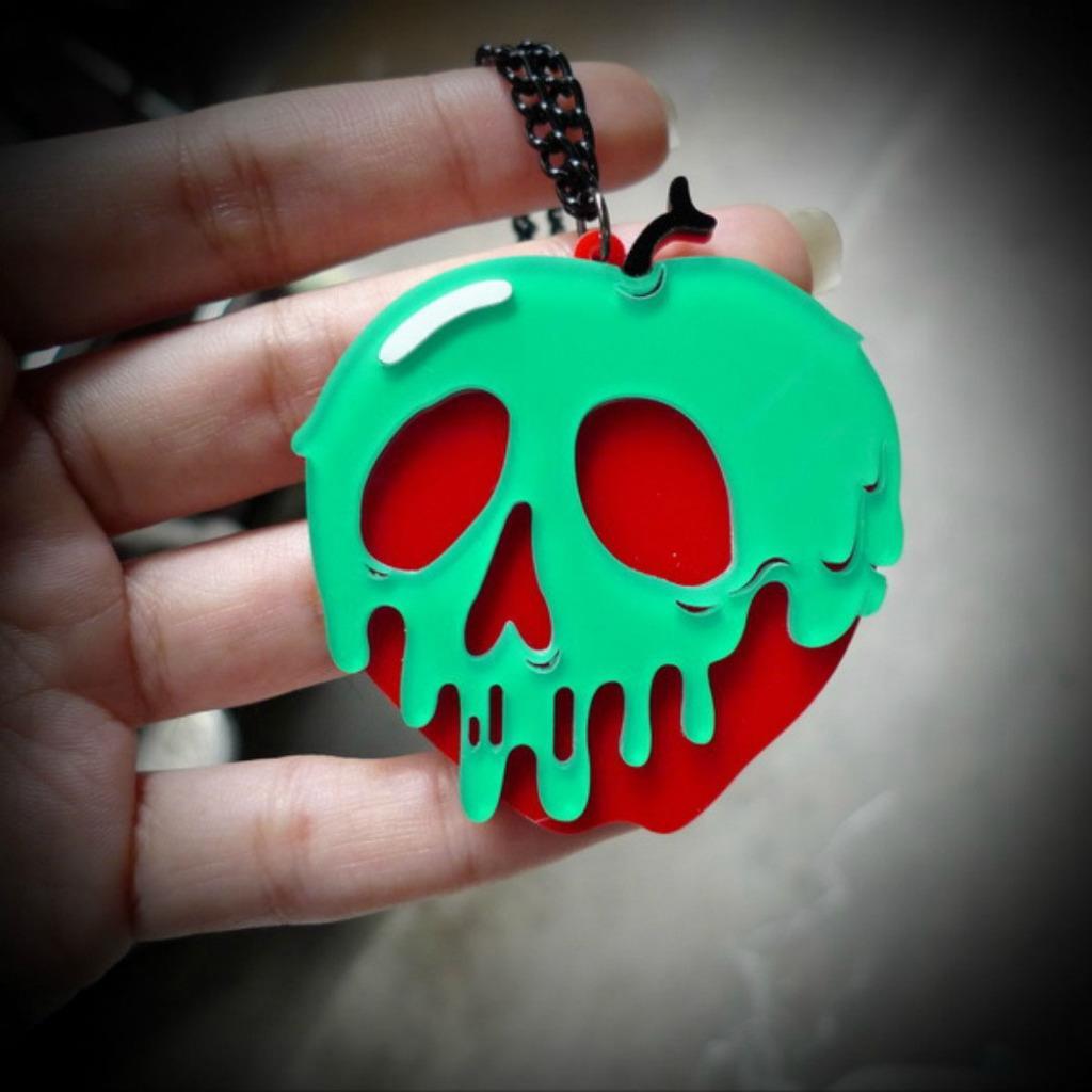 POISON APPLE NECKLACE 2″ Green Acrylic Pendant Snow White Wicked Witch Halloween