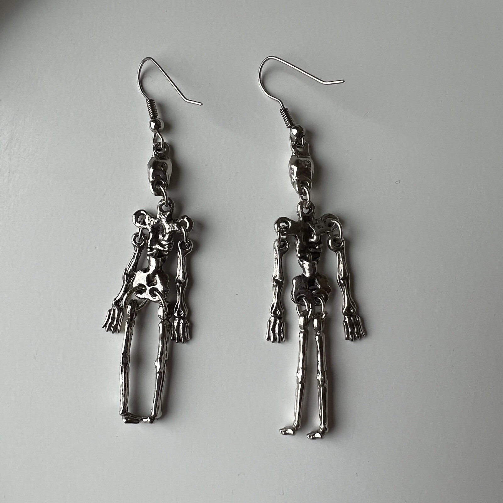 Skeleton Halloween Dangle Earrings Silver Tone Spooky Scary Movable Jewelry