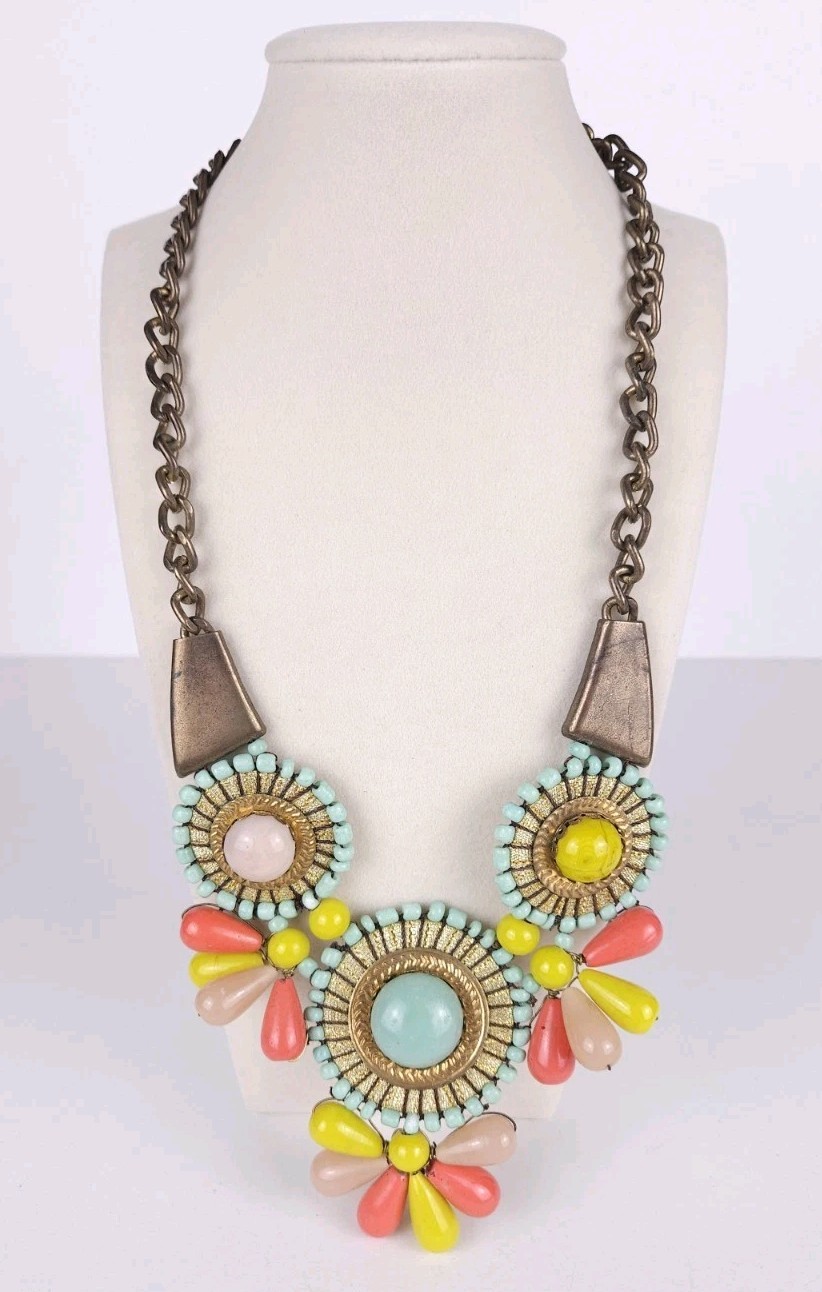 Anthropologie Colorful Bronzetone Sunburst Bib Statement Necklace Blue Pink