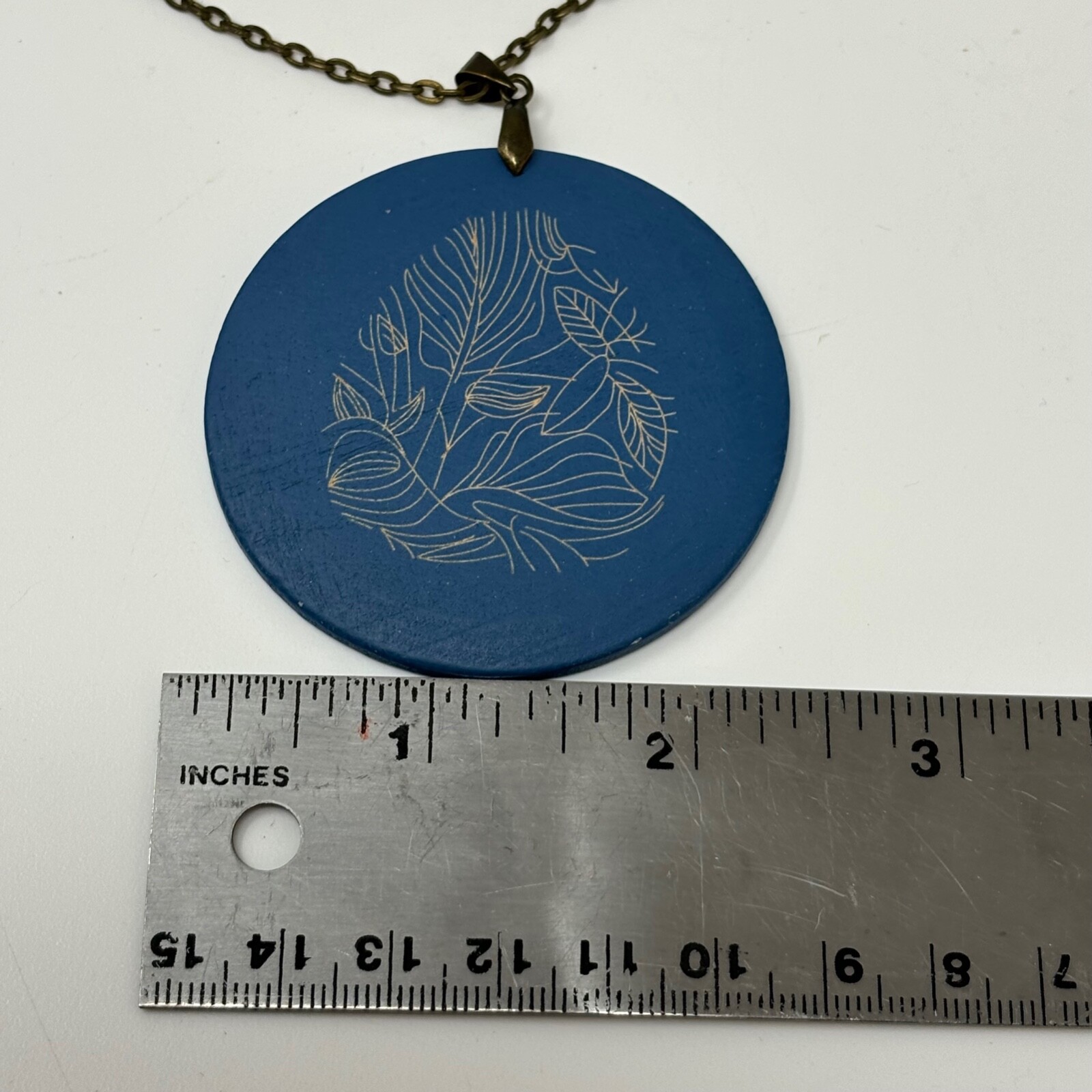 Bronze Tone Chain Necklace with Large Navy Blue Round Wooden Pendant Engraved