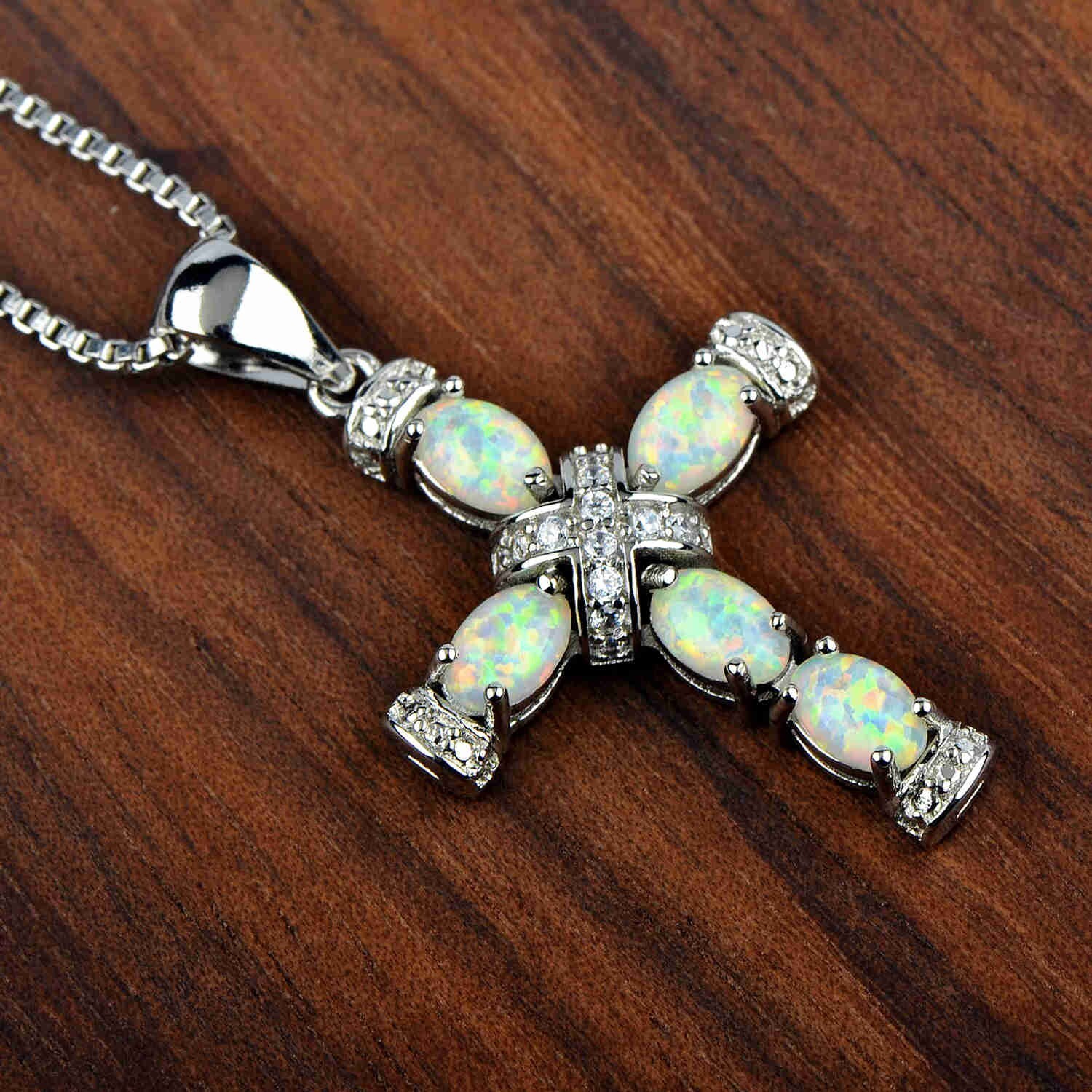 Hawaii White Fire Opal Cross Necklace pendants Silver Filled Women Girls Charm