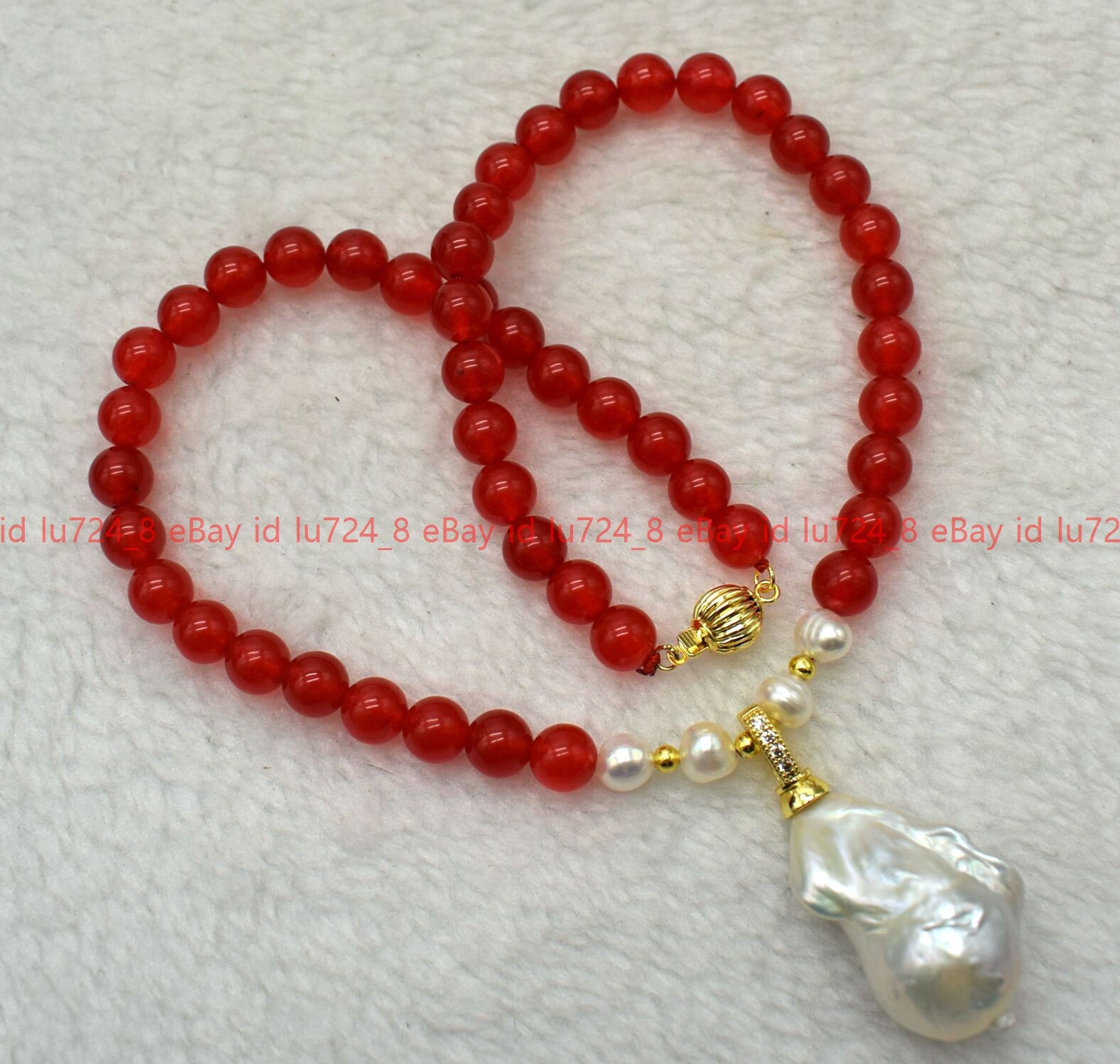 Natural 6-12mm Red Jade Round Gems Beads &White Baroque Pearl Pendant Neckalce