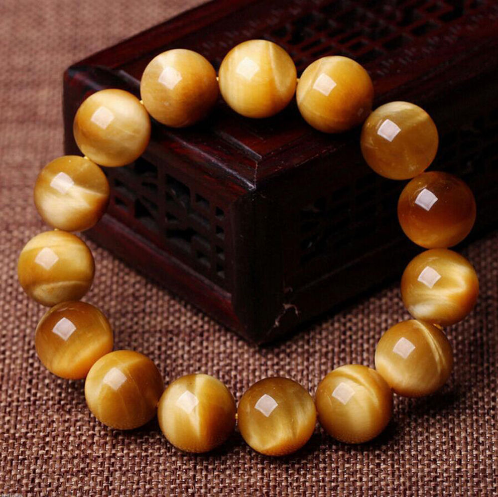Natural Handmade Gold Tiger’s Eye Gemstone Round Beads Stretchy Bracelet 7.5”