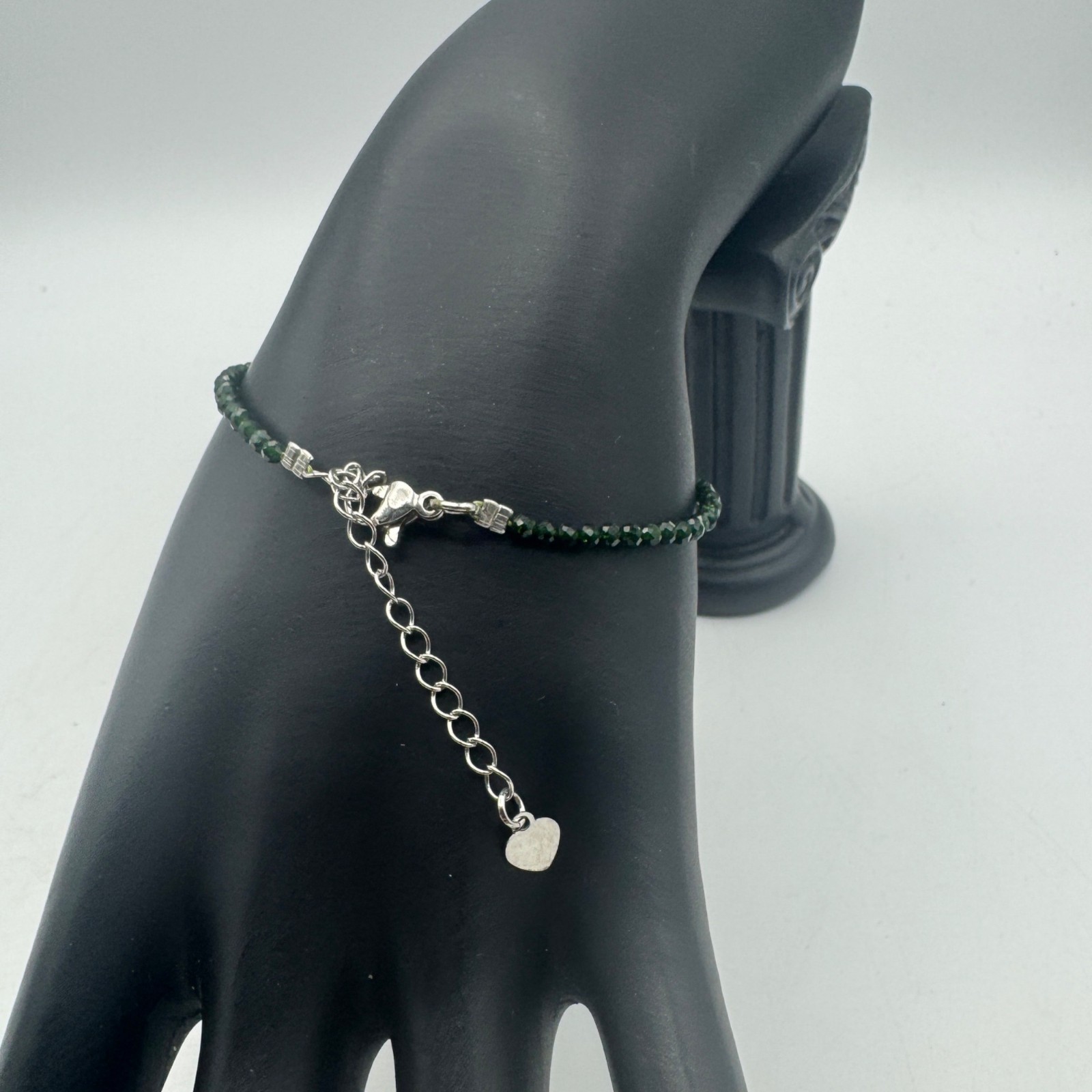 Faceted Dark Green Bead Bracelet Adjustable 6-8 Inches Silver Tone Heart Charm