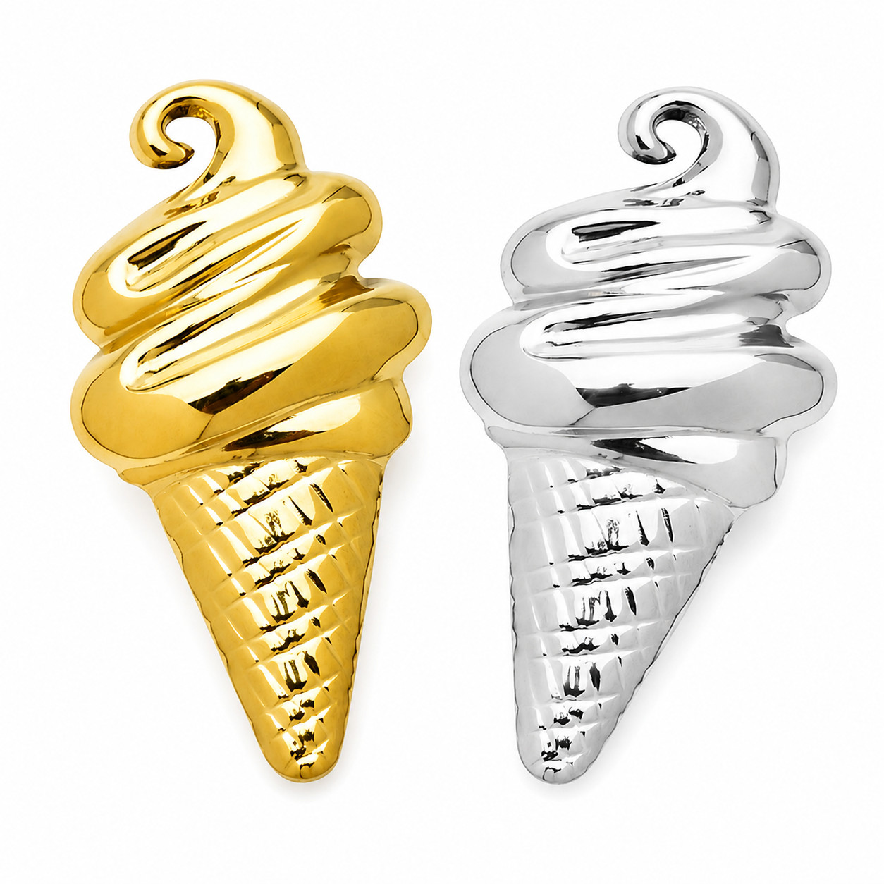 2PCS Ice Cream Cone Brooch Pin Gold Silver Stainless Steel Lapel Badge Gift