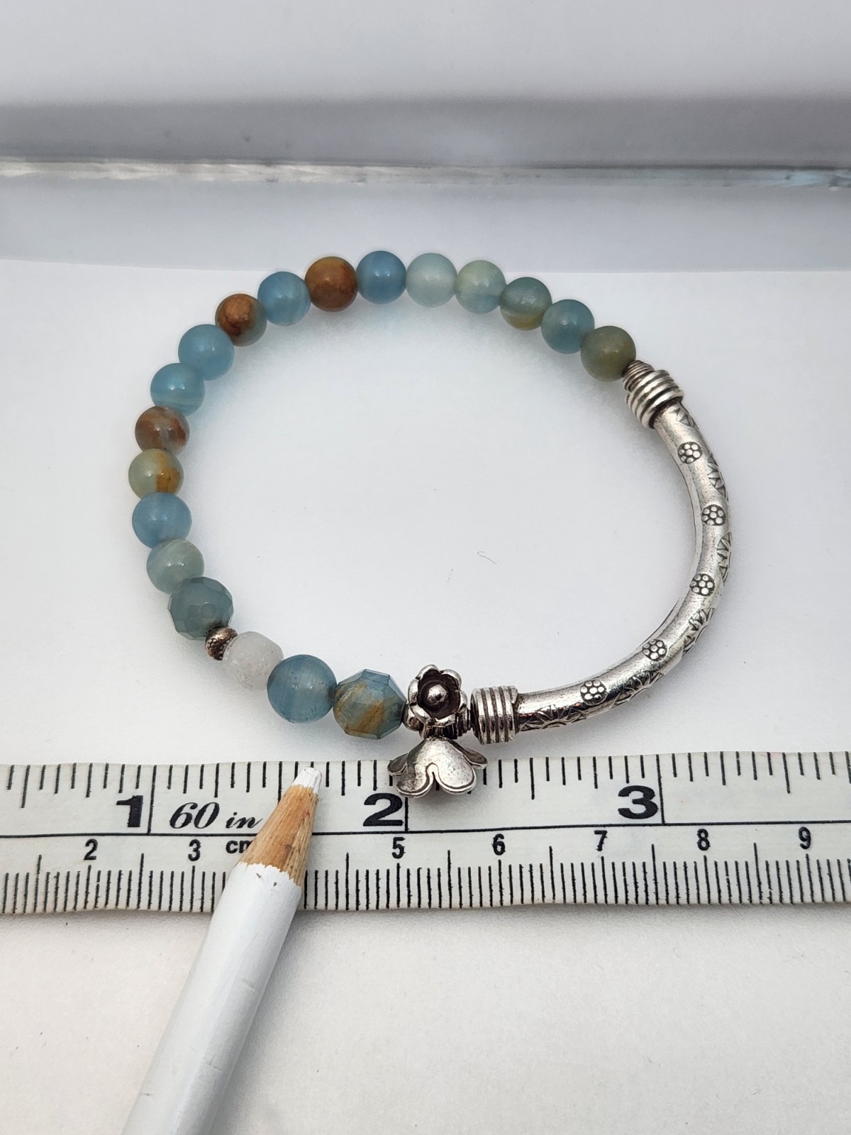 Sterling Silver Bar Stone Bead Bracelet Blue Brown Bangle Stretch Flower Sun 925