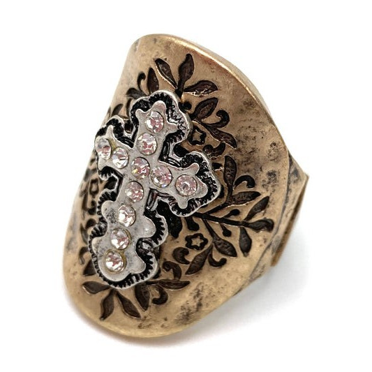 Gold Tone Cross Crystal Cocktail Ring Adjustable Religious Metal