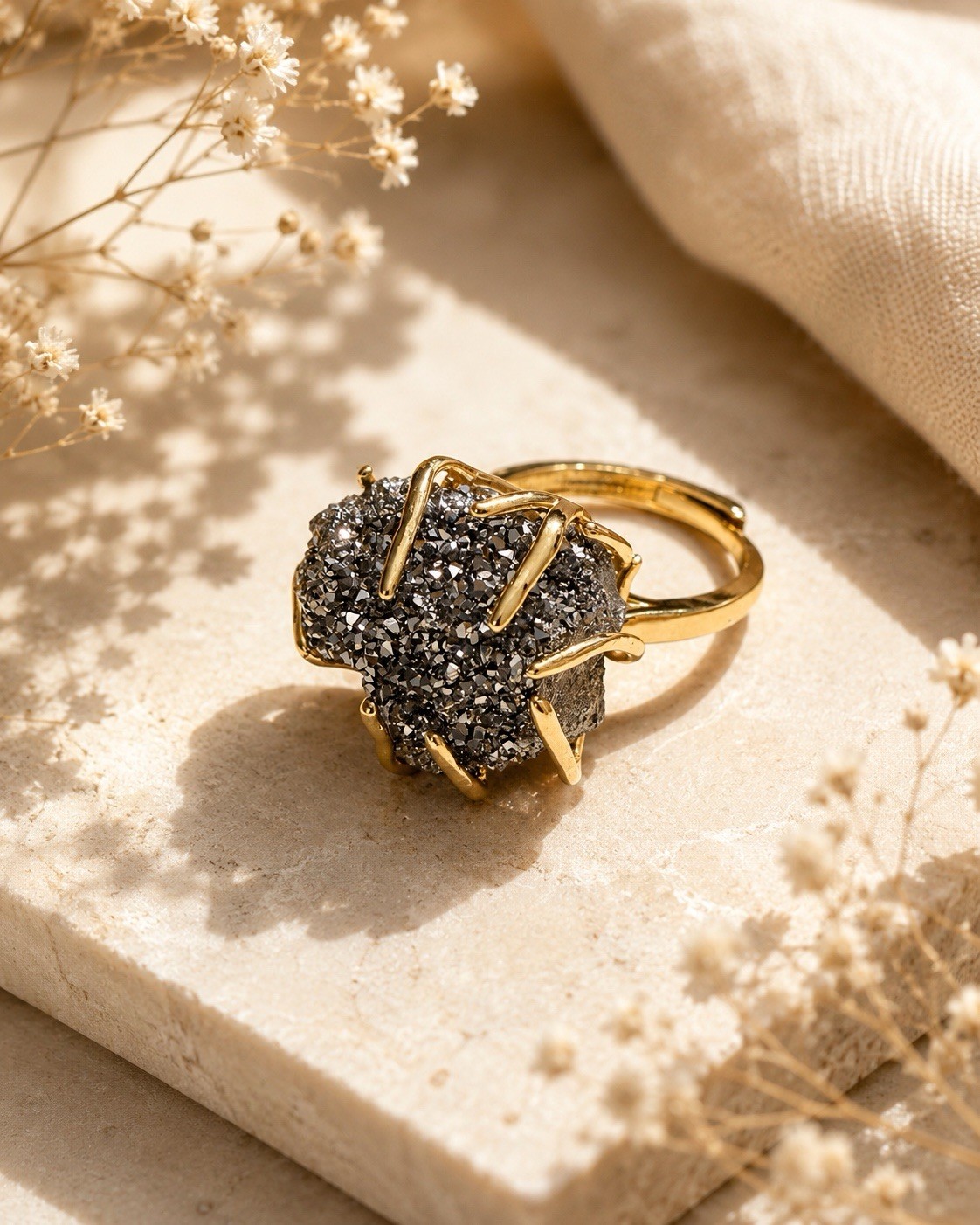 Ring Quartz AdjustableRing Irregular Silver Drusy Raw Quartz