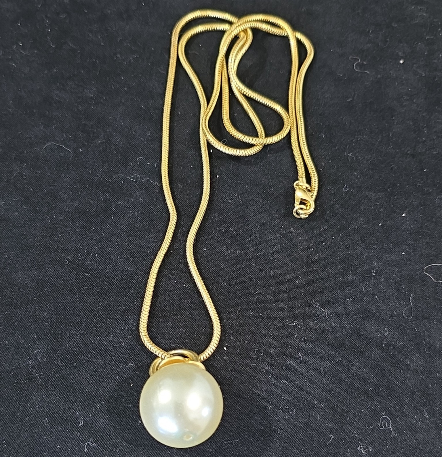 Gold Tone Snake Chain Necklace w/ Round Simulated White Pearl Charm Pendant