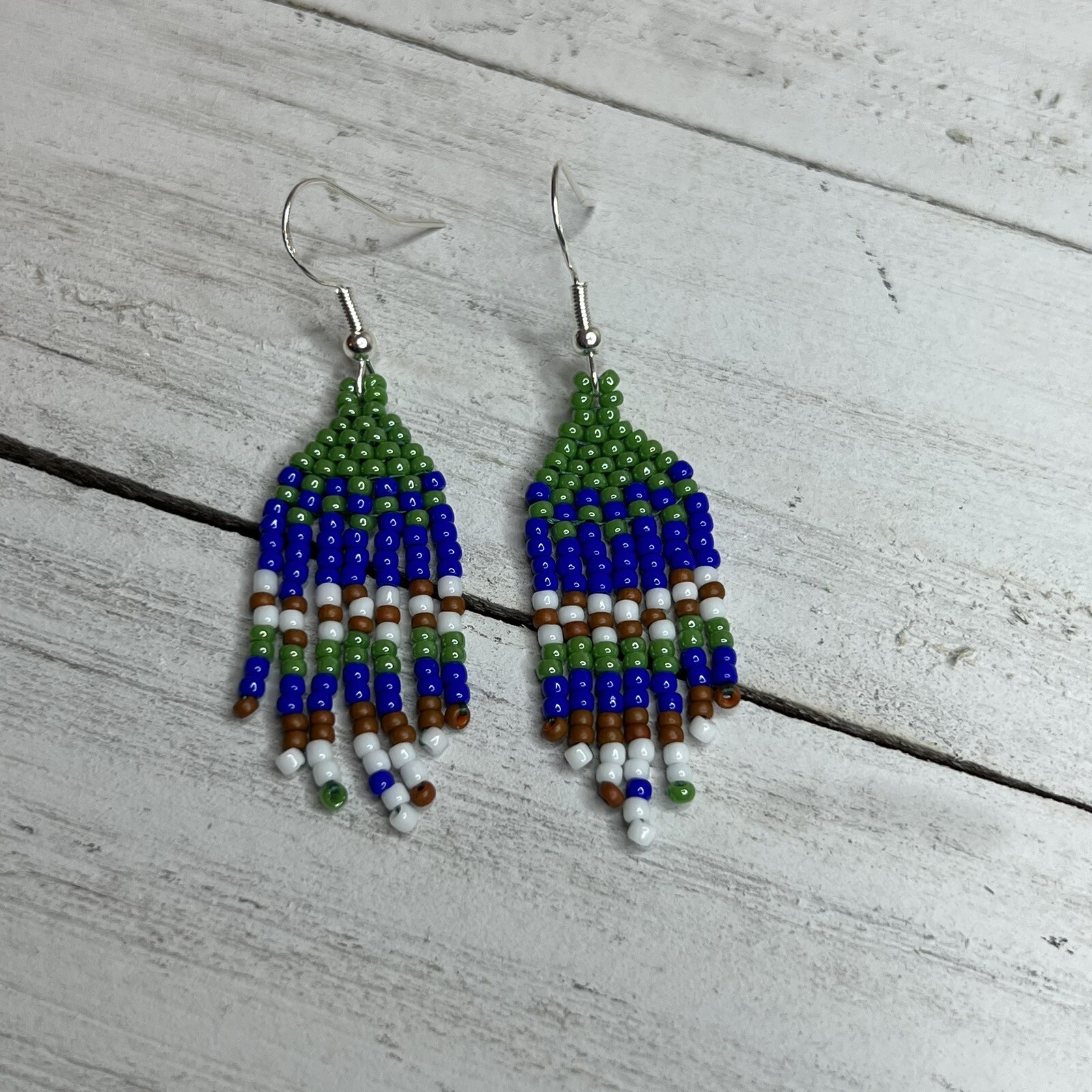 Mini Seed Beaded Earrings 2.25 inches Long Handmade Jewelry Blue Green
