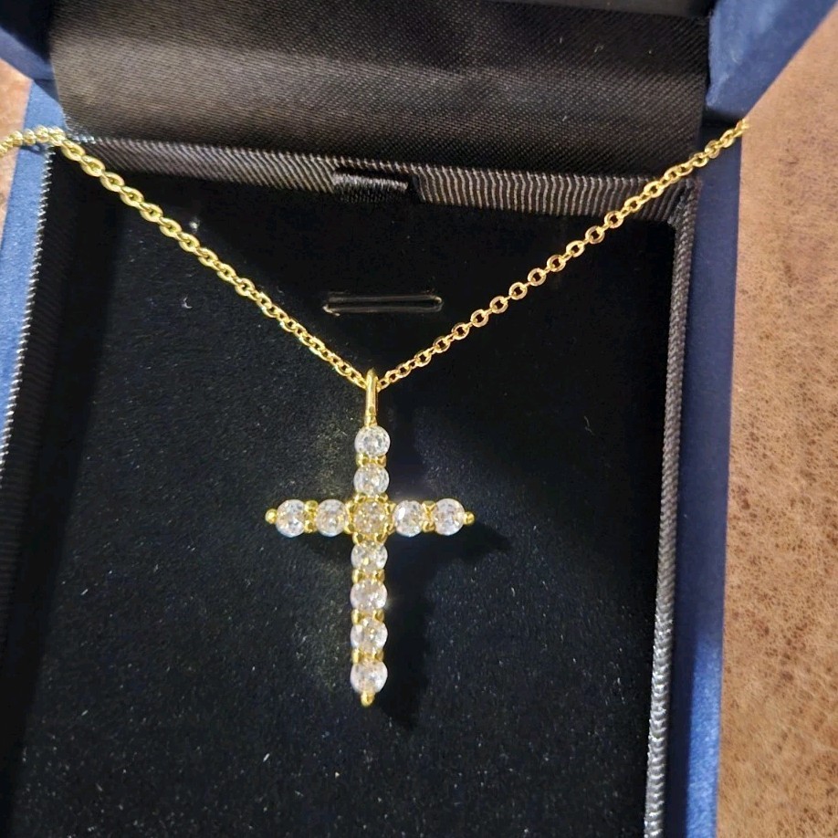Yellow Gold Metal Cross Charm Pendant Necklace, White CZ Prong Set Cable Chain