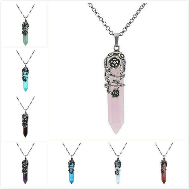 Antique Silver Flower Wrapped Natural Quartz Gemstone Healing Crystal Necklace