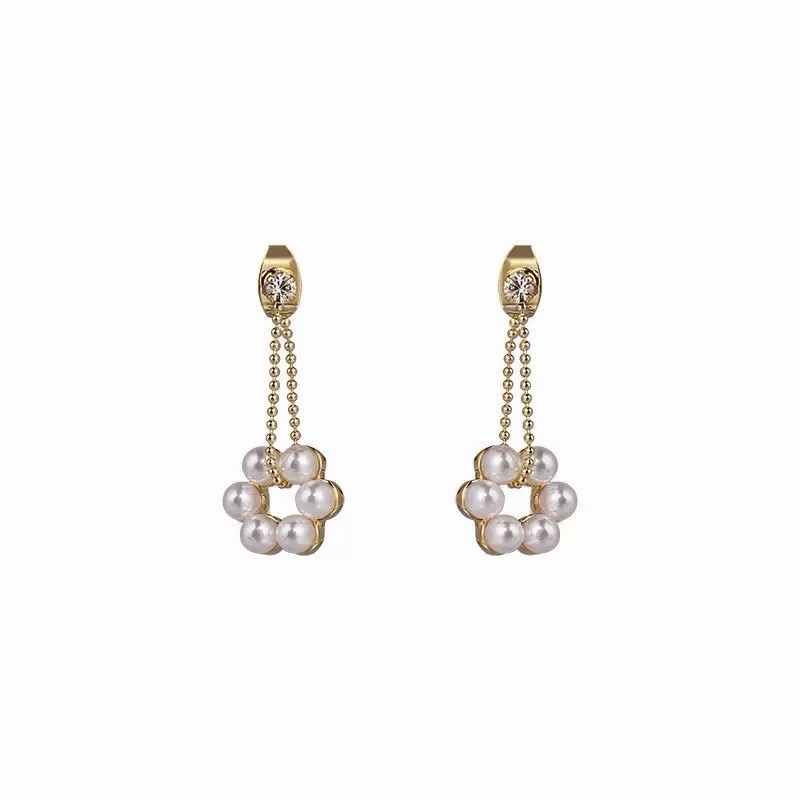18K Gold Plated Flower Pearl Drop Earrings Floral Dangle Stud Earrings 372