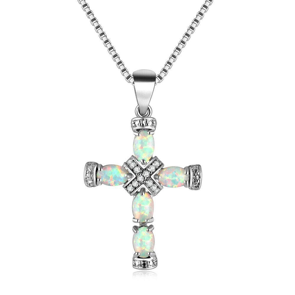 Hawaii White Fire Opal Cross Necklace pendants Silver Filled Women Girls Charm