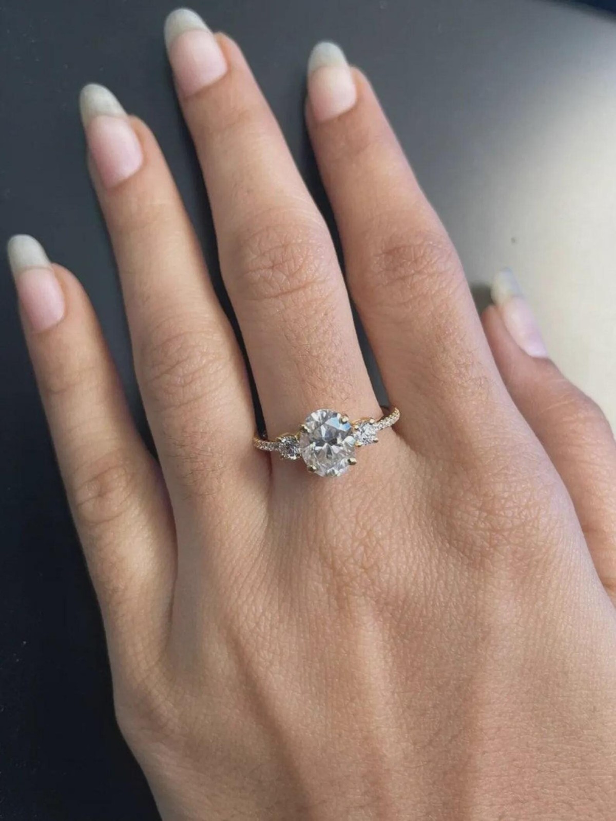 2CT Oval Cut Moissanite Three Stone Engagement Ring, Pave Set Wedding Band