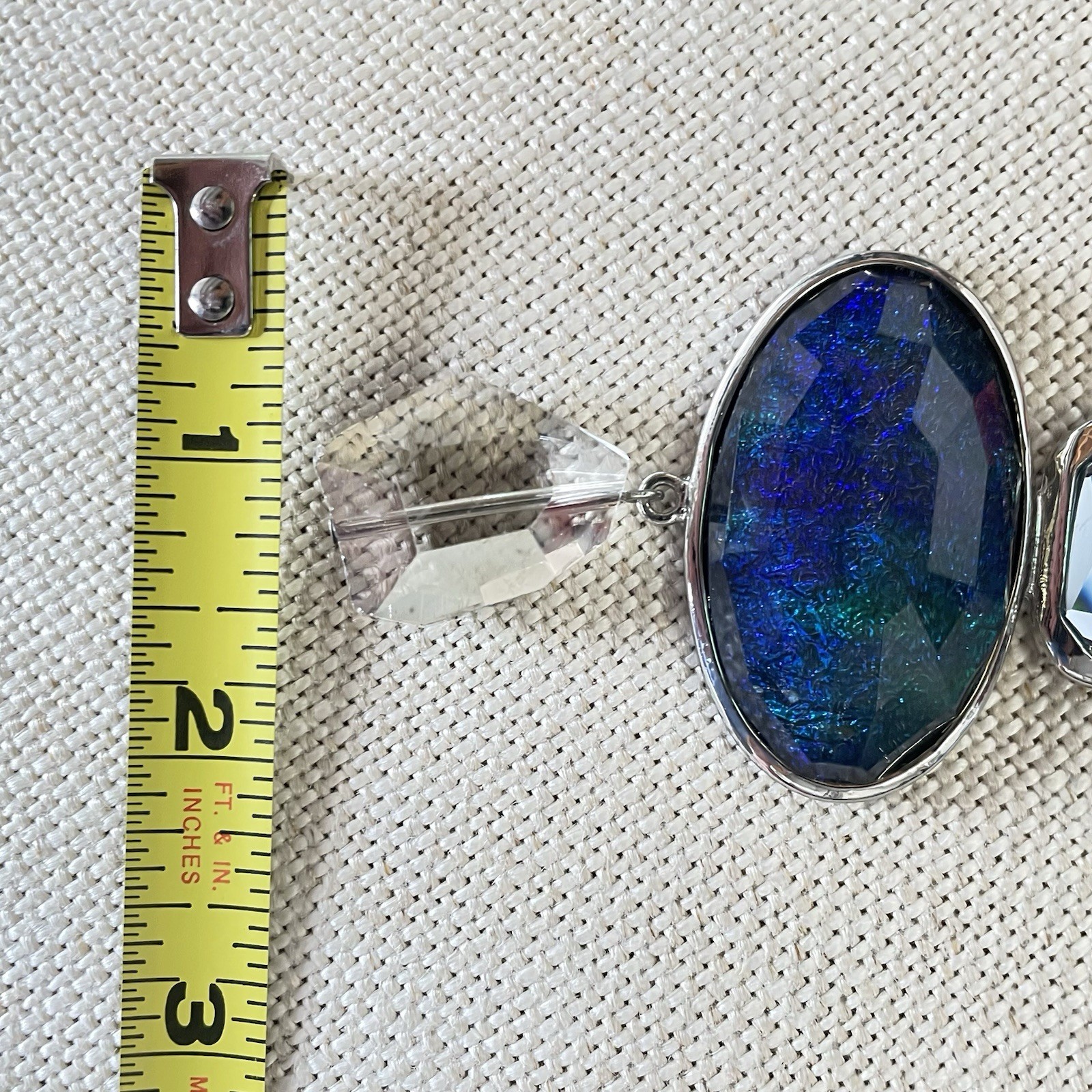 Chico’s Silver Tone Textured Chain Gray Cord Blue Jewel Charm Necklace Chic 34”