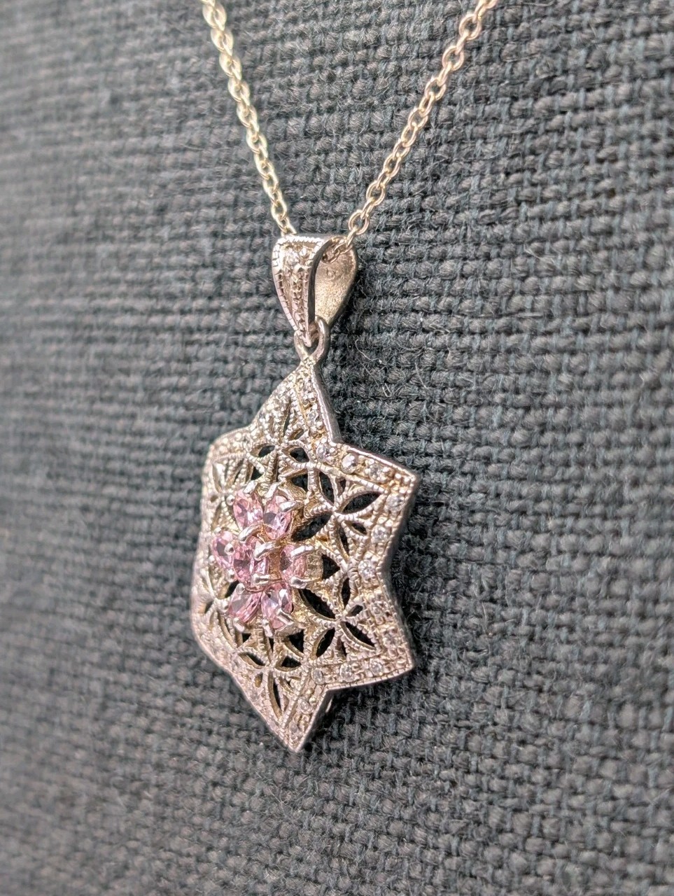 Sterling Silver Pink White CZ Flower Star Of David Pendant 16.25″ Cable Necklace